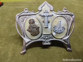 Antigüedades: ANTIGUA PLACA MODERNISTA CON IMAGENES RELIGIOSAS, FATIMA, SAGRADO CORAZON DE JESUS. PORTAPAZ